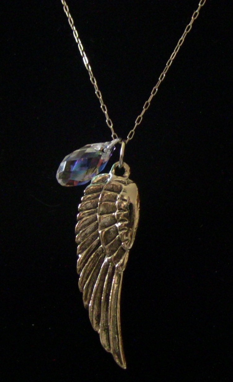 18" Gold Angel Wing Pendant with Crystal AB Swarovski Crystals