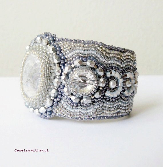 Reserved for Ashley - Bead embroidery cuff bracelet with crazy lace agate, freshwater pearls, rivoli crystals and seed beads -Silver rain