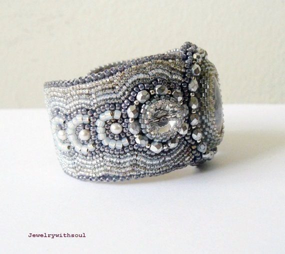 Reserved for Ashley - Bead embroidery cuff bracelet with crazy lace agate, freshwater pearls, rivoli crystals and seed beads -Silver rain
