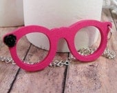 Pink wooden glasses, tiny black rose on silver chain