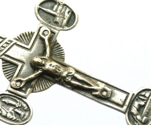 Vintage Crucifix Medal to Remember Lourdes on Black Satin Cord
