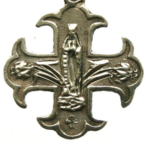 Our Lady of Rosary Lourdes Antique Sterling Silver Cross Medal on 18" sterling silver rolo chain