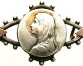 Gilded Decorated Antique Brooch with Medal Portrait of Holy Virgin Mary Brooch