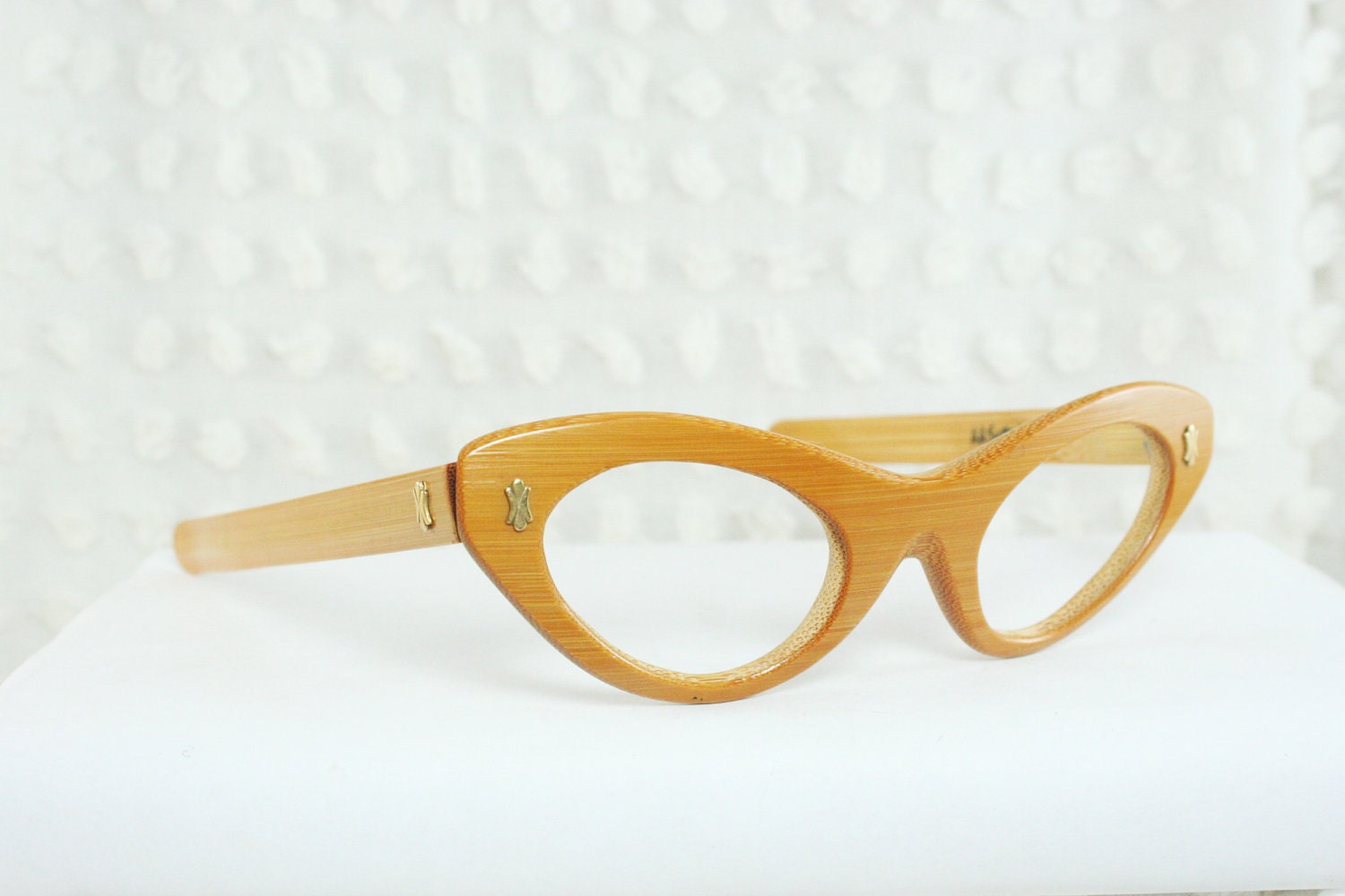 1950s Cat Eye Glasses 60s Womens Eyeglass Natural Bamboo Carved Wood Optical Frame NOS 44/20 AA Sutain