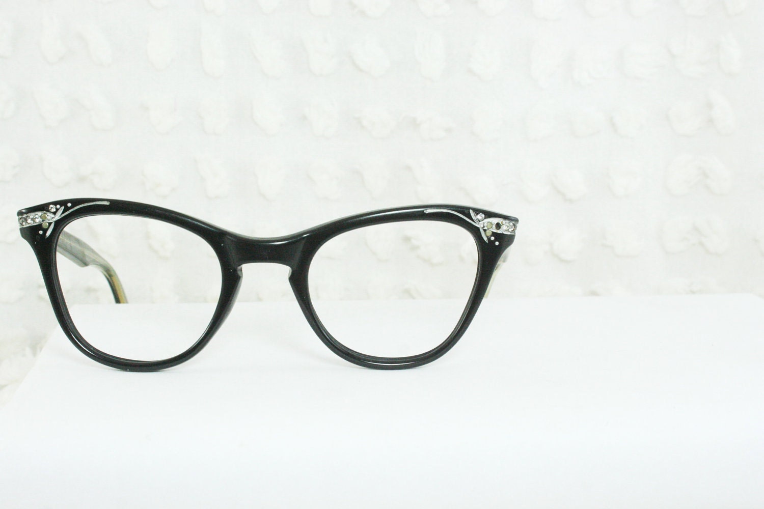 Black Cat Eye 1950's Horn Rim Eyeglasses Rhinestone Decorated Wide 46/22 Squared Lens High Quality Hybrid Optical Frame - THAYEReyewear
