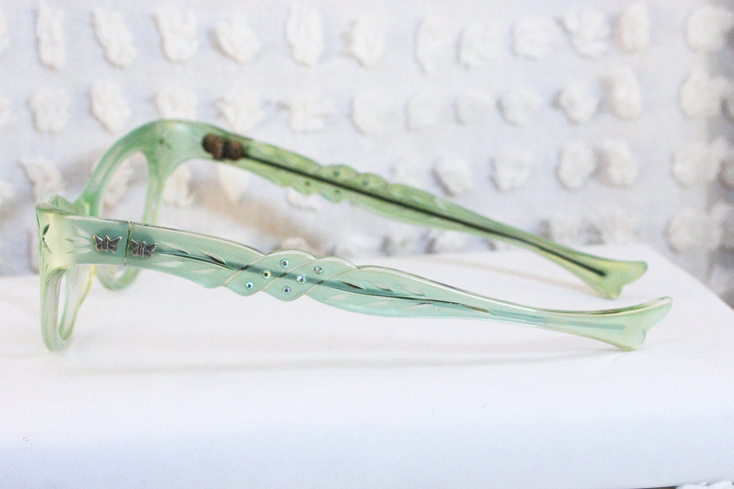 Vintage 1950s Cat Eye Glasses 50s Womens Eyeglasses Frames Mint Green Rhinestone Mermaid Carved 46/22 Optical Frame