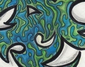 ACEO  original drawing Oil and Water Blue and Green