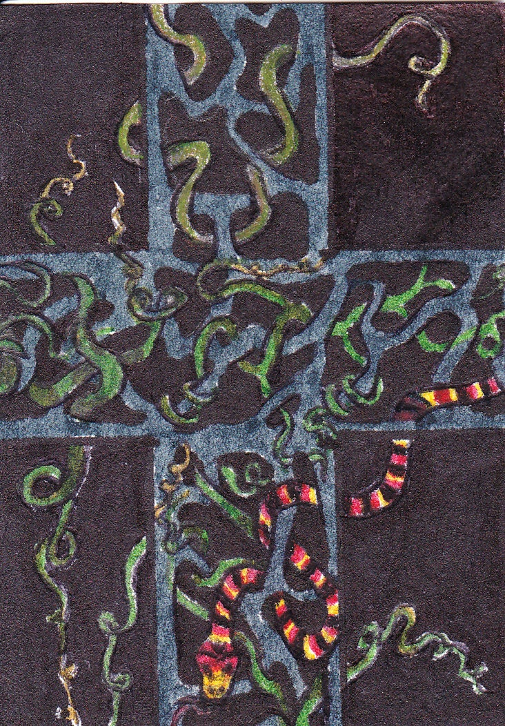 original drawing aceo dark vines snake Tangled Cross