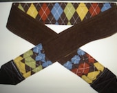 COOL GUY ARGYLE camera strap, reversible, 2 expandable pockets with stretchable elastic, , soft brown corduroy with dark brown leather