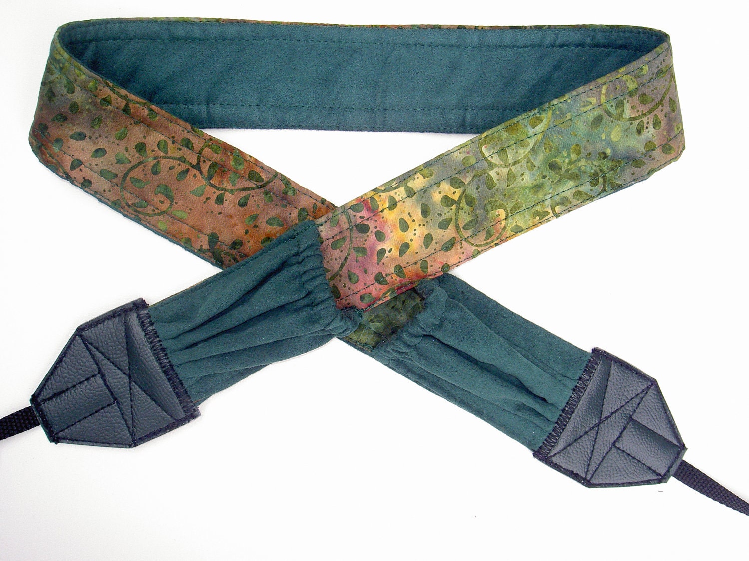 NEW " Sherwood Forest" ,  green suede back and pockets , soft cotton camera strap, reversible, 2 expandable pockets with  elastic
