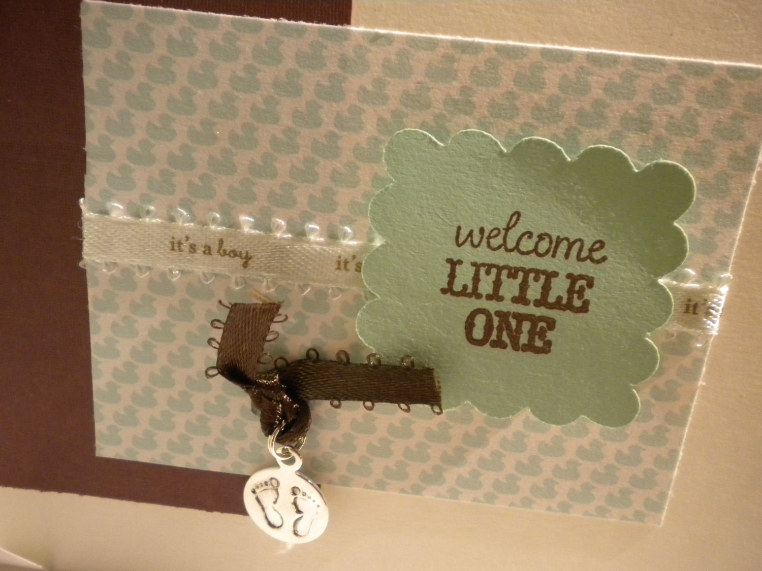Its a Boy pale green ducky cards with footprint charm - Welcome Little One - Announcement, Thank you, Baby Shower Invitation