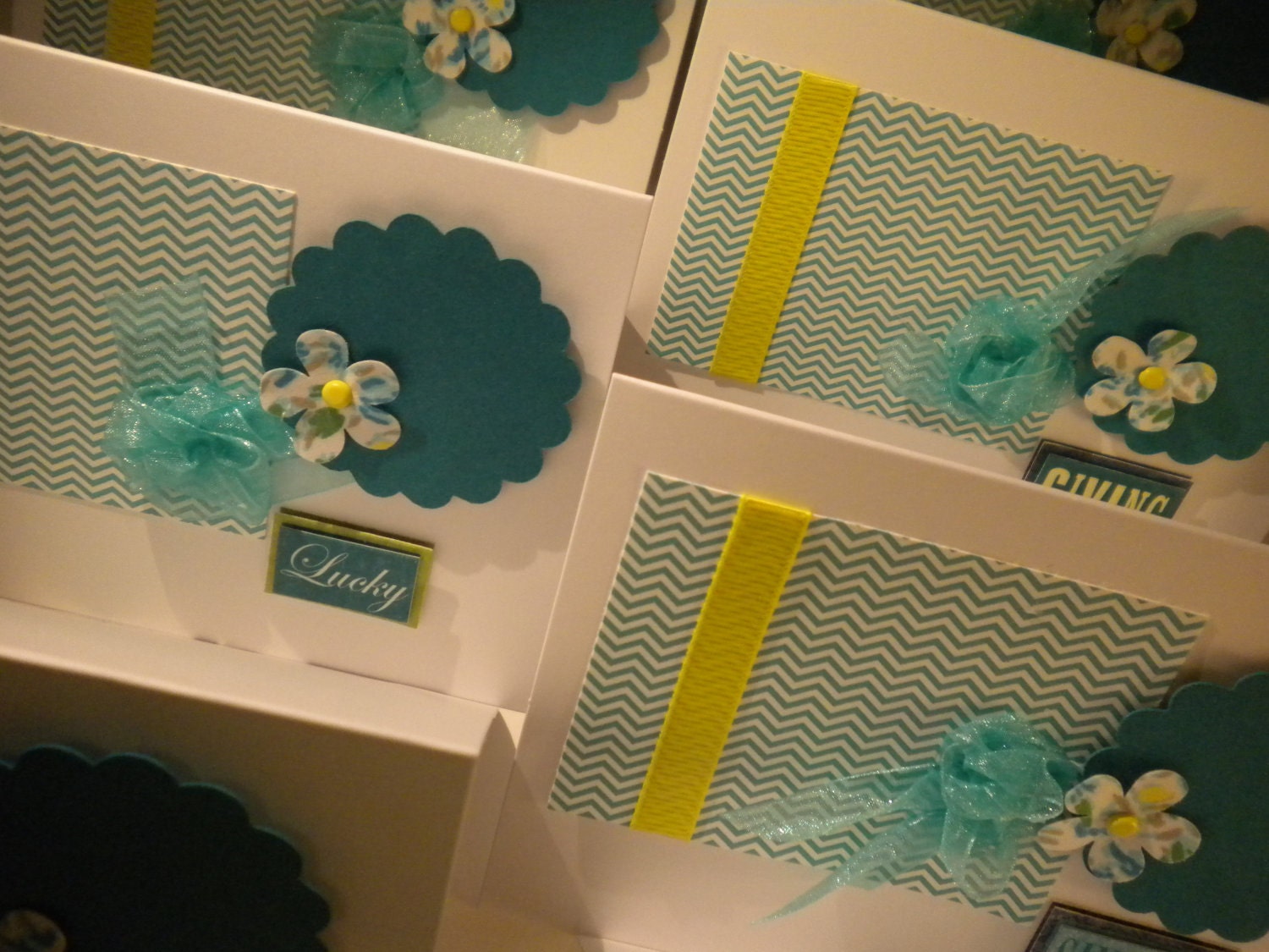 Dark Aqua Chevron Note Cards with bright yellow and a flower
