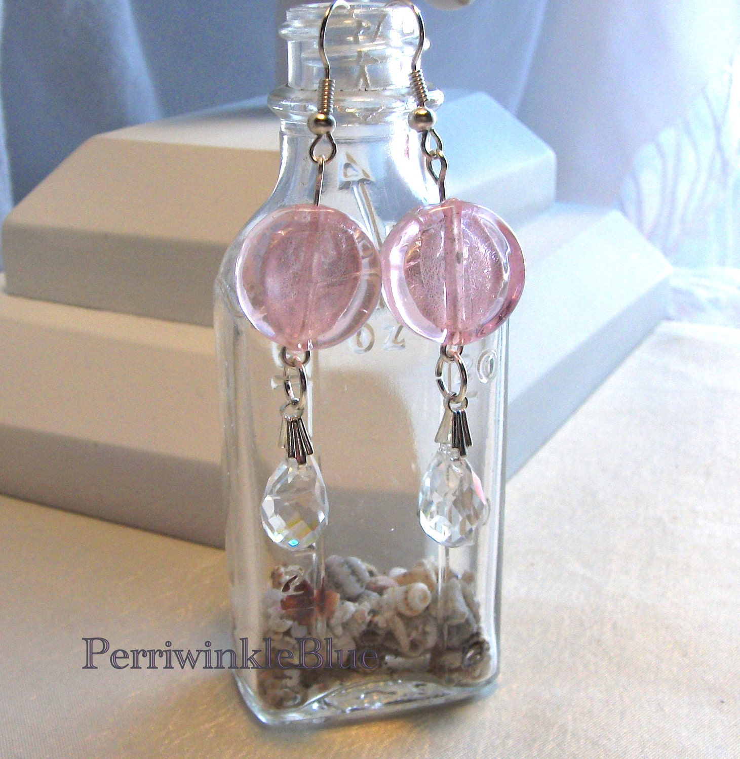 Ice Pink Glass Coins and Crystal Raindrop Drop Earrings