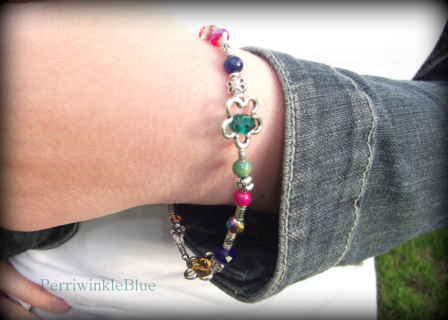 70's Retro Multicolored Bracelet in Crystal and Silver Flowers