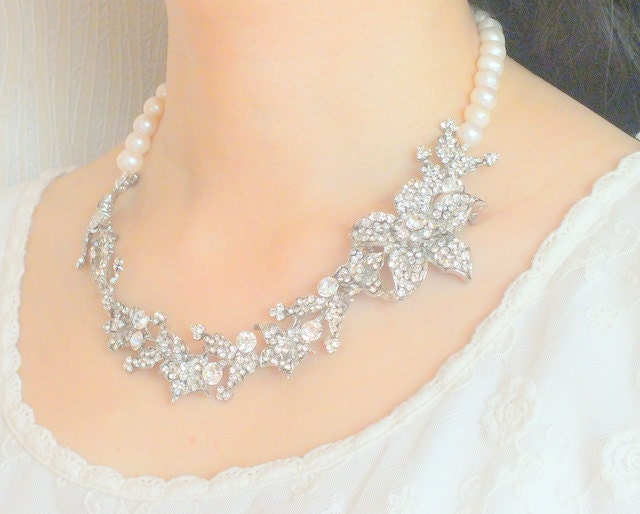 Secret Garden - Vintage Style Rhinestone and Freshwater Pearl Bridal Necklace