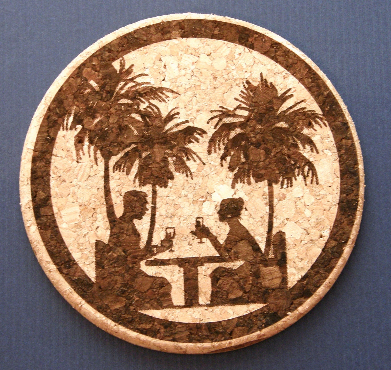 Eco-friendly laser engraved tropical paradise silhouette cork coasters with hardboard backing