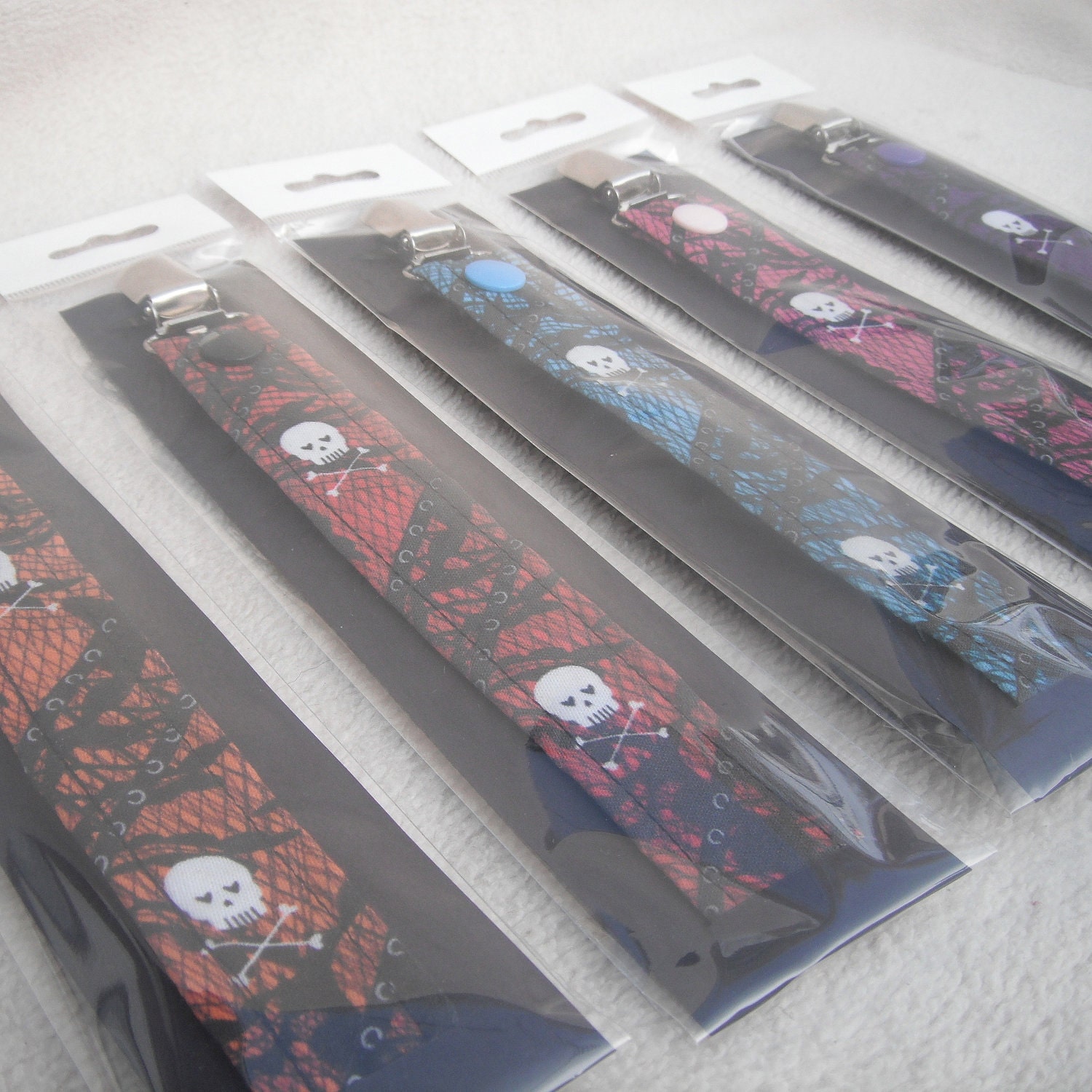 5 pc Twins Fabric Pacifier Clips - Orange, Red, Blue Aqua, Pink and Purple with Black Gothic Lace and Skulls Crossbones Girl and Boy Print