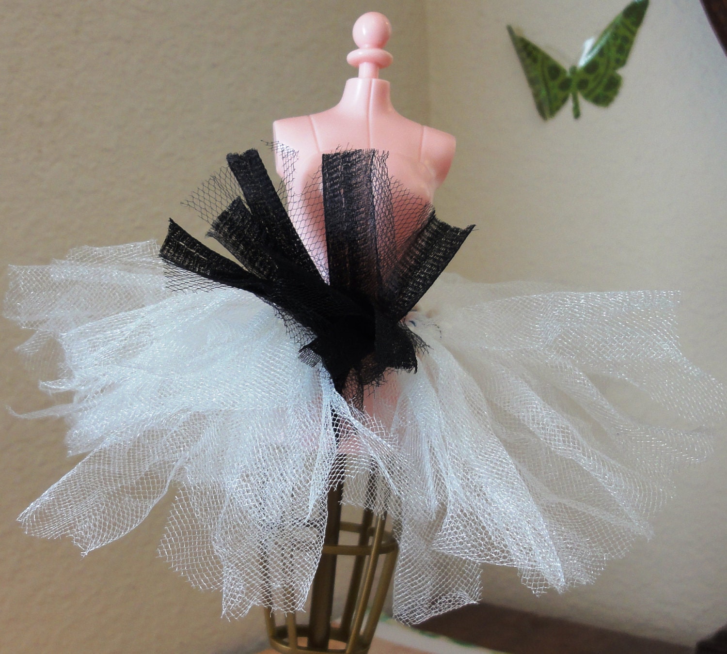 White Barbie TuTu With Black Tulle decor