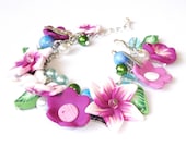Silver Charm Bracelet with Pink, Purple Flowers and Leaves Polymer Clay
