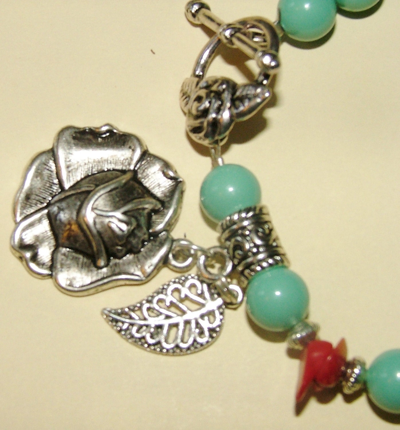 Turquoise Swarovski Crystal Pearl Charm Bracelet 8mm Pearls with Red Coral