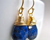 Lapis Lazuli Gemstone Earrings in 14K Gold Fill, Wire Wrapped Gemstone Earrings, Blue Stone Handmade Earrings