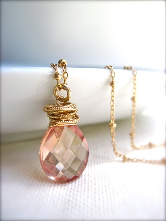Grapefruit Quartz and Twisted Gold Ring Handmade Necklace in 14K Gold Fill, Pink Yellow Gemstone Necklace with Satellite Chain