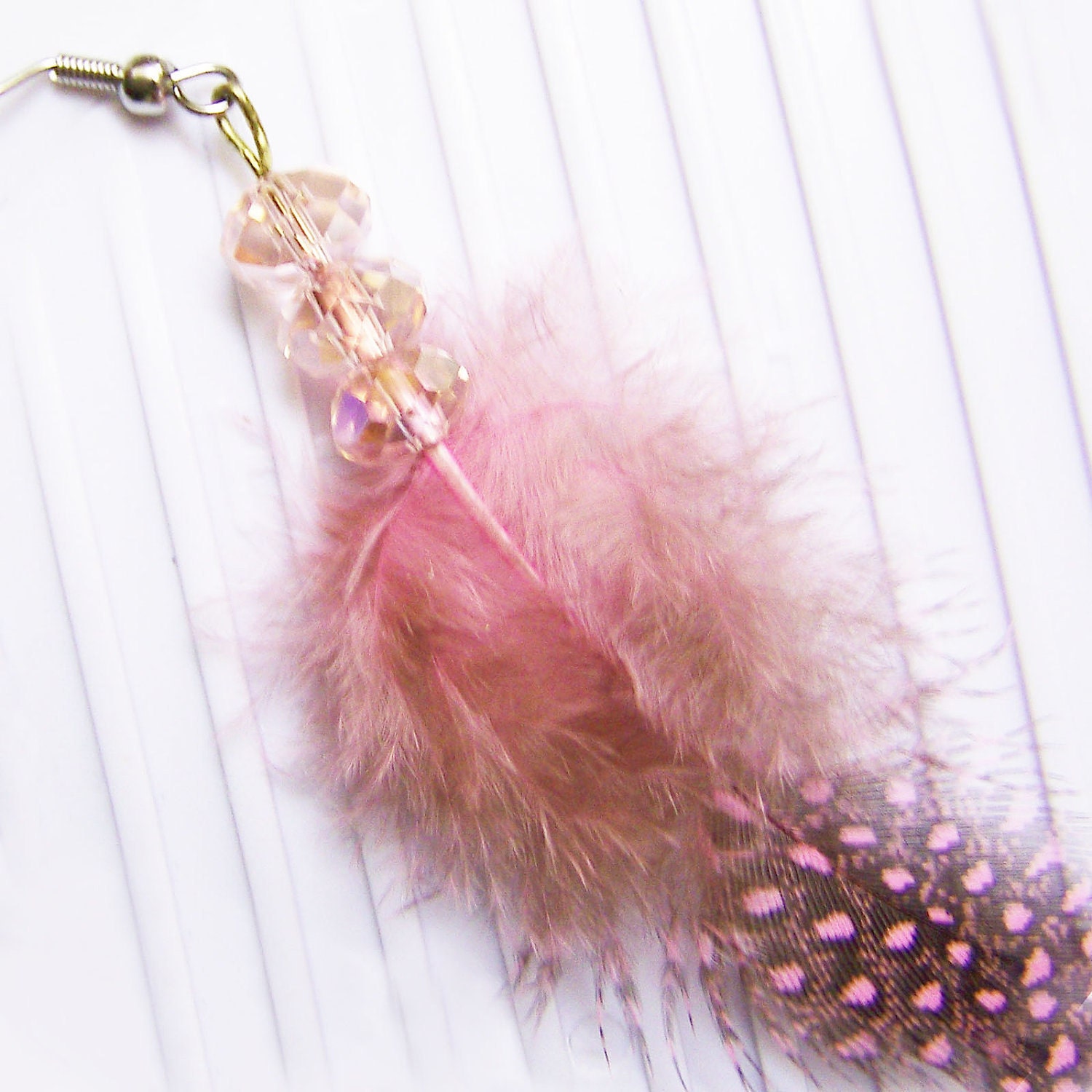 Feather Earrings Pink Grey dangle Swarovski crystals polka dot