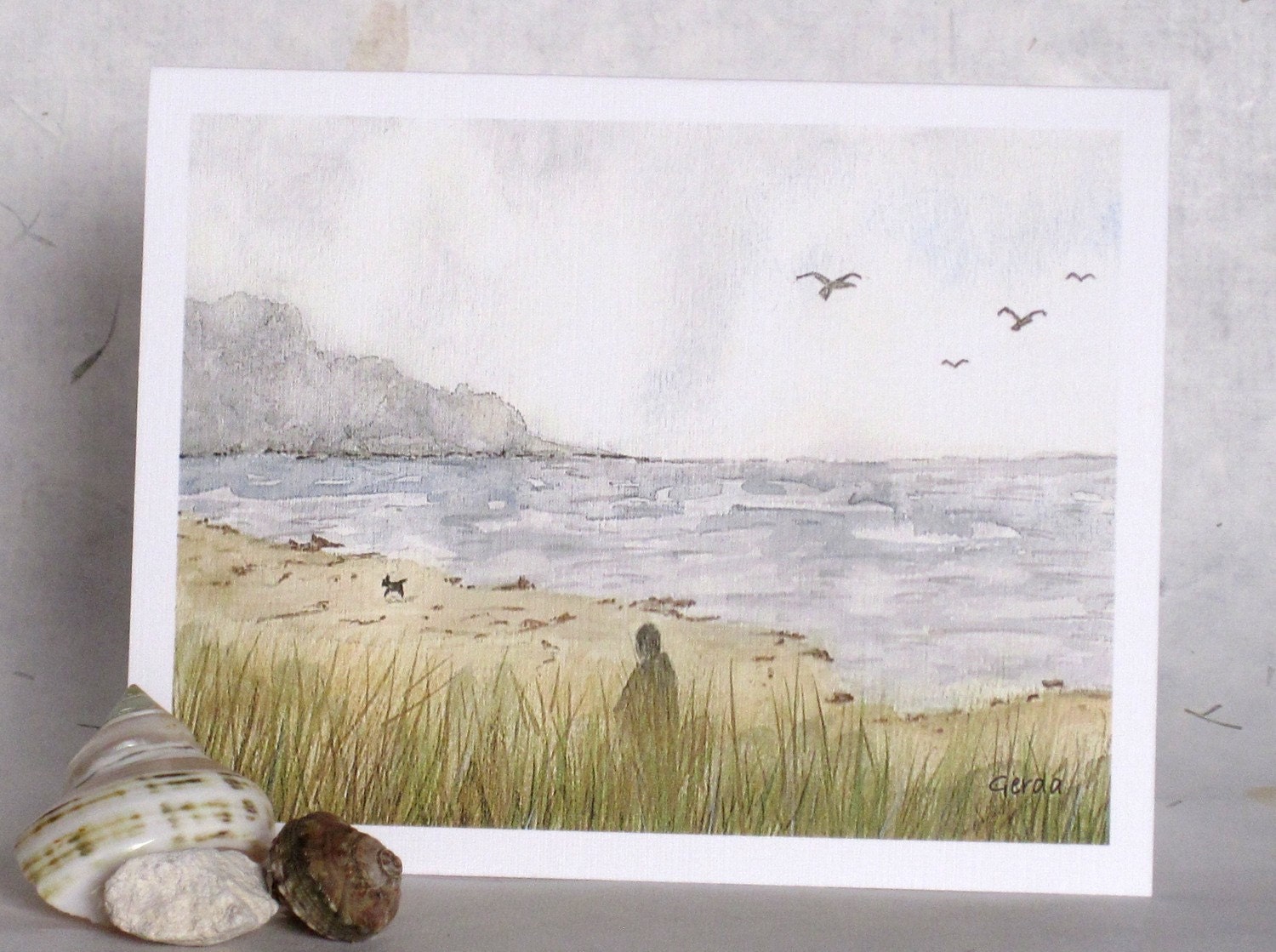 Dog walk on the Beach II Watercolor Card ocean vacation summer
