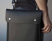 13 inch MacBook Air bag, MacBook Air 13 case, MacBook Air 13 bag, MacBook Air 13 sleeve - black leather with pocket and adjustable strap