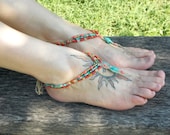 Bohemian Barefoot Sandals Beaded Sandals Gypsy Hippie Shoe Toe Thong Coral Turquoise Barefoot Jewelry - MoJosFreeSpirit