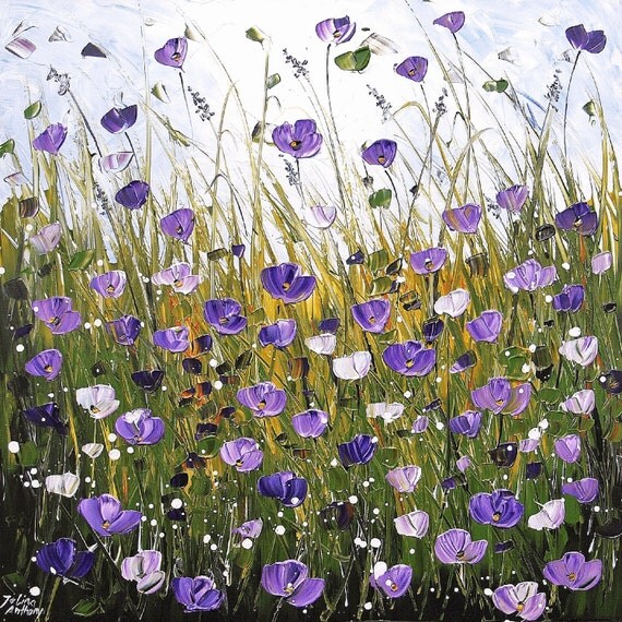 36"x36" original wilde white,violet textured poppis from listed artist jolina anthony gallery back wrap stretched canvas