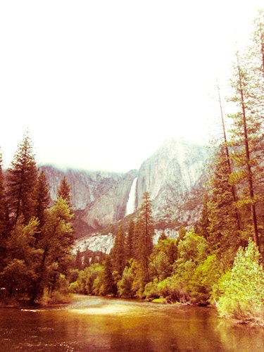landscape photography - Yosemite waterfall nature water forest color green tree imagery - 12x18 print
