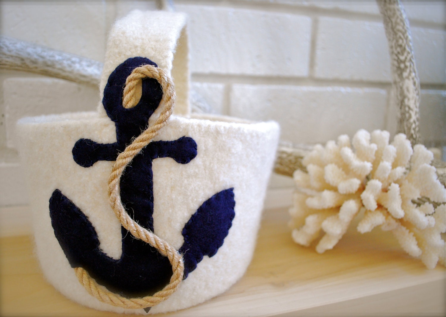 Flower girl basket, beach wedding, anchor basket, hand knit
