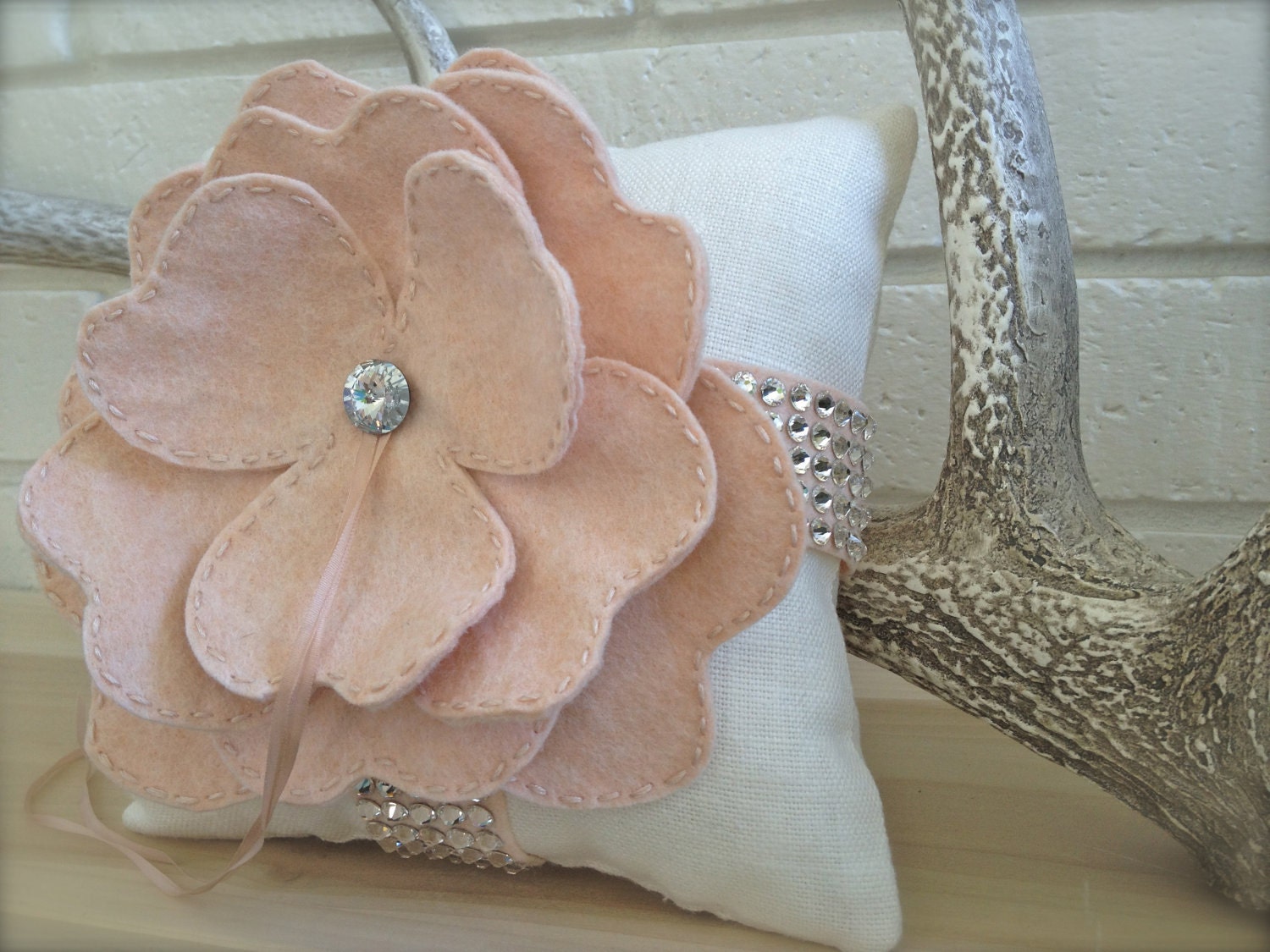 Blush ring bearer pillow ivory linen swarovski crystals
