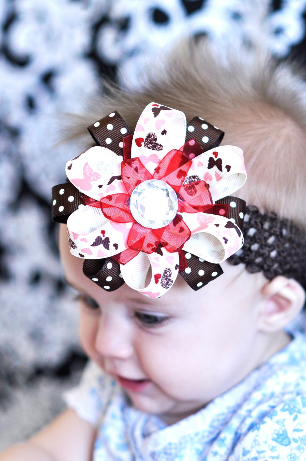 baby bow... brown and red ribbon flower...hair bow...infant headband ...a lovely hairbow for newborn, toddler and big girls