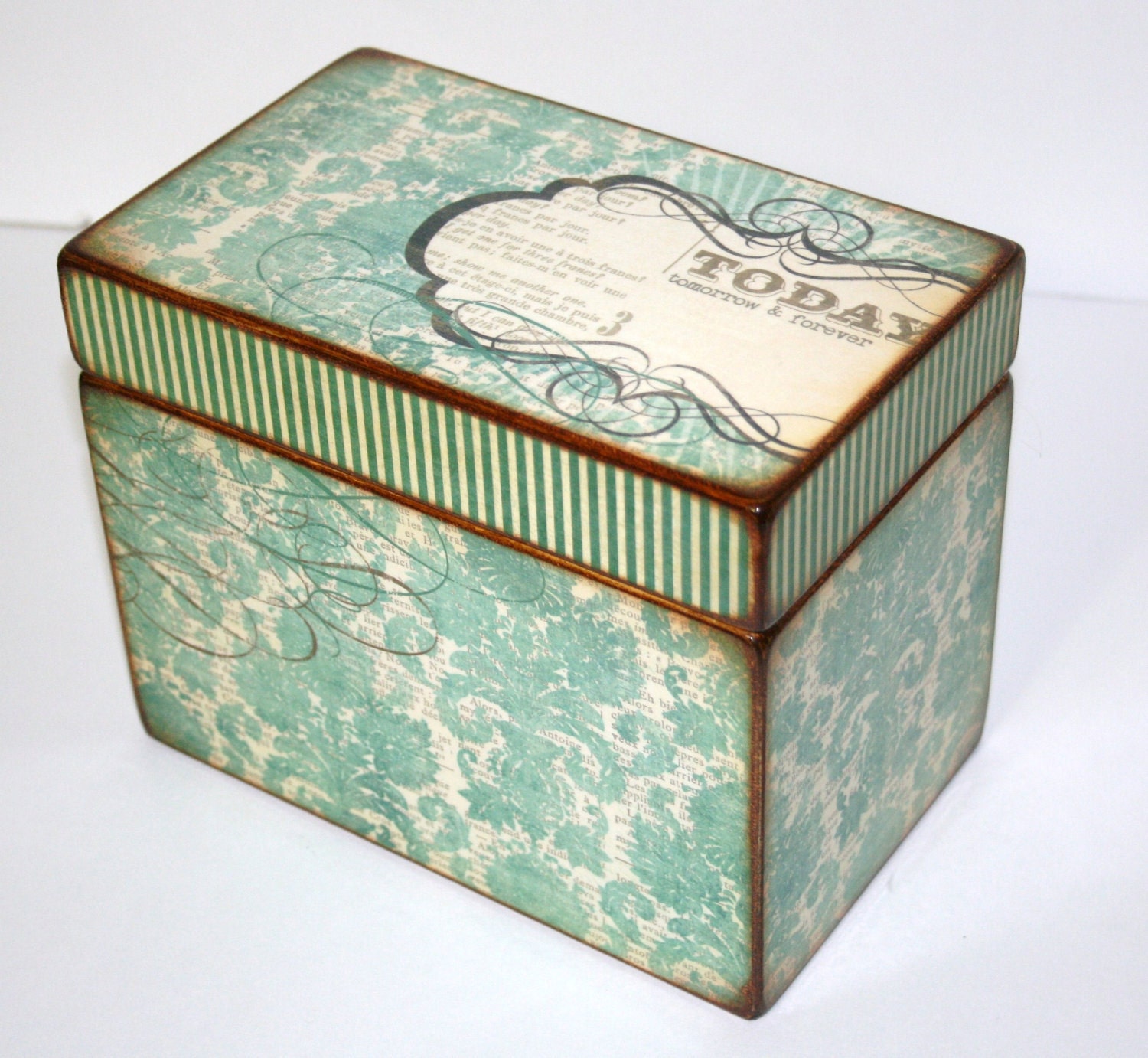 Recipe Box - Teal and Brown Damask Handmade 4x6 Wooden Recipe Box or Wedding Guest Book Box