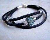 Black Suede. Blue Green Lampwork. Bracelet
