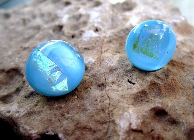 Fused Glass Dot Earrings - Baby Blue Dichroic - Deb's Dots
