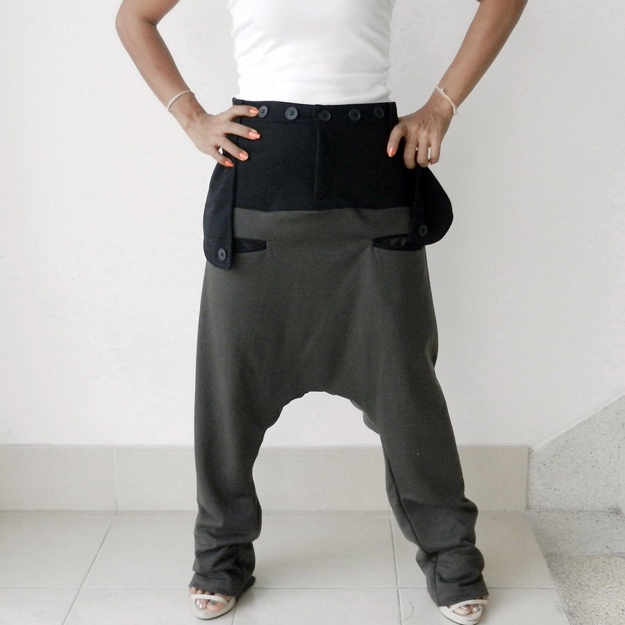 Trousers Gaucho, Ninja Pants Adjustable Waist,Unisex, Ribbed Cotton Two Tone,01