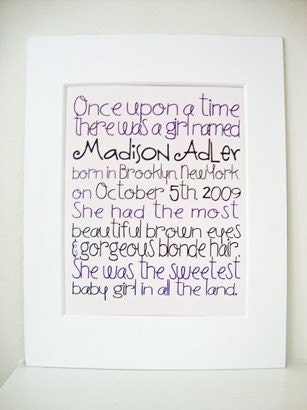 Personalized Fairy Tale Birth Announcement and Kids Wall art for Girls 8x10