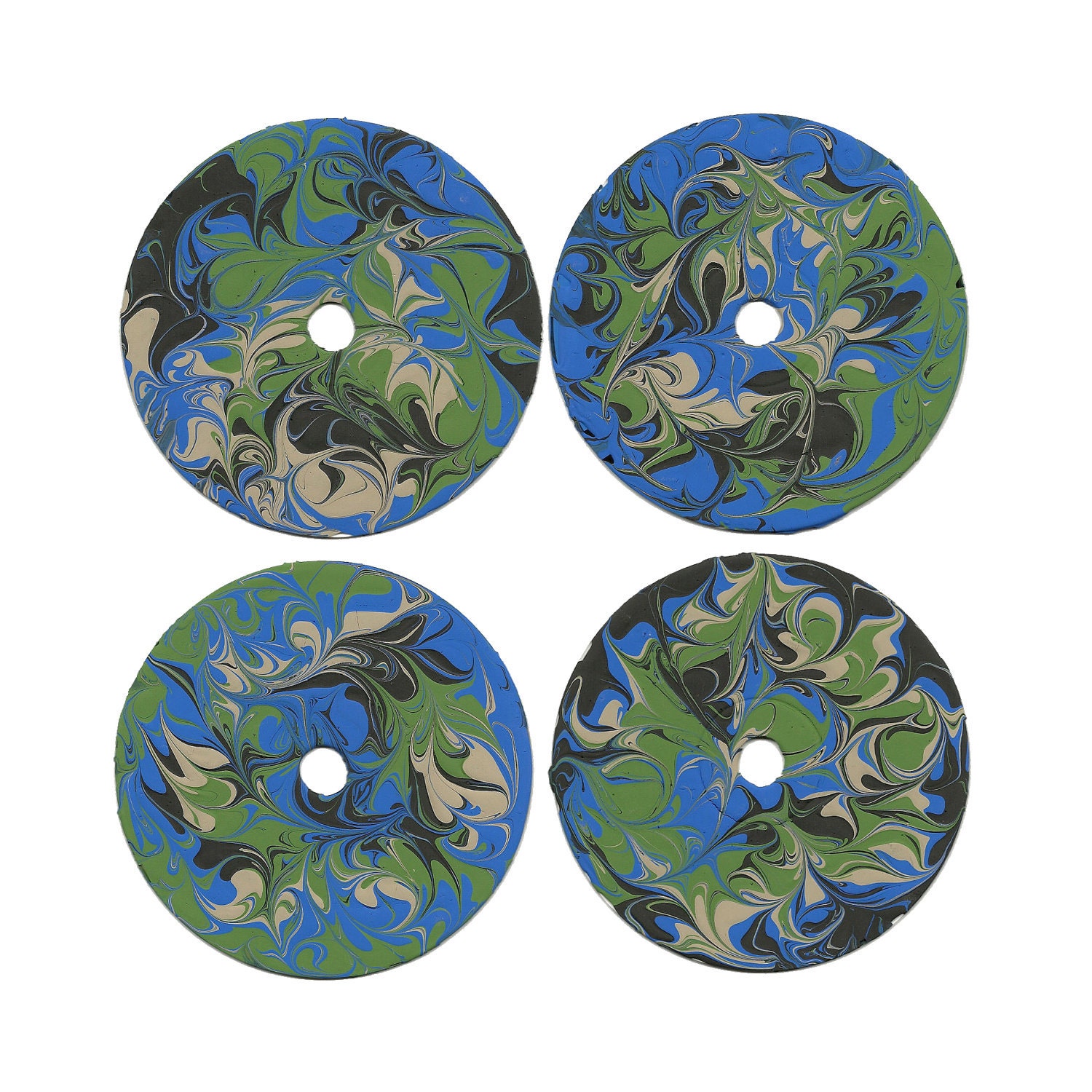 Recycled Repurposed Upcycled Painted CD's Abstract Art as Coasters - Blue Beige Green & Black - Set of Four