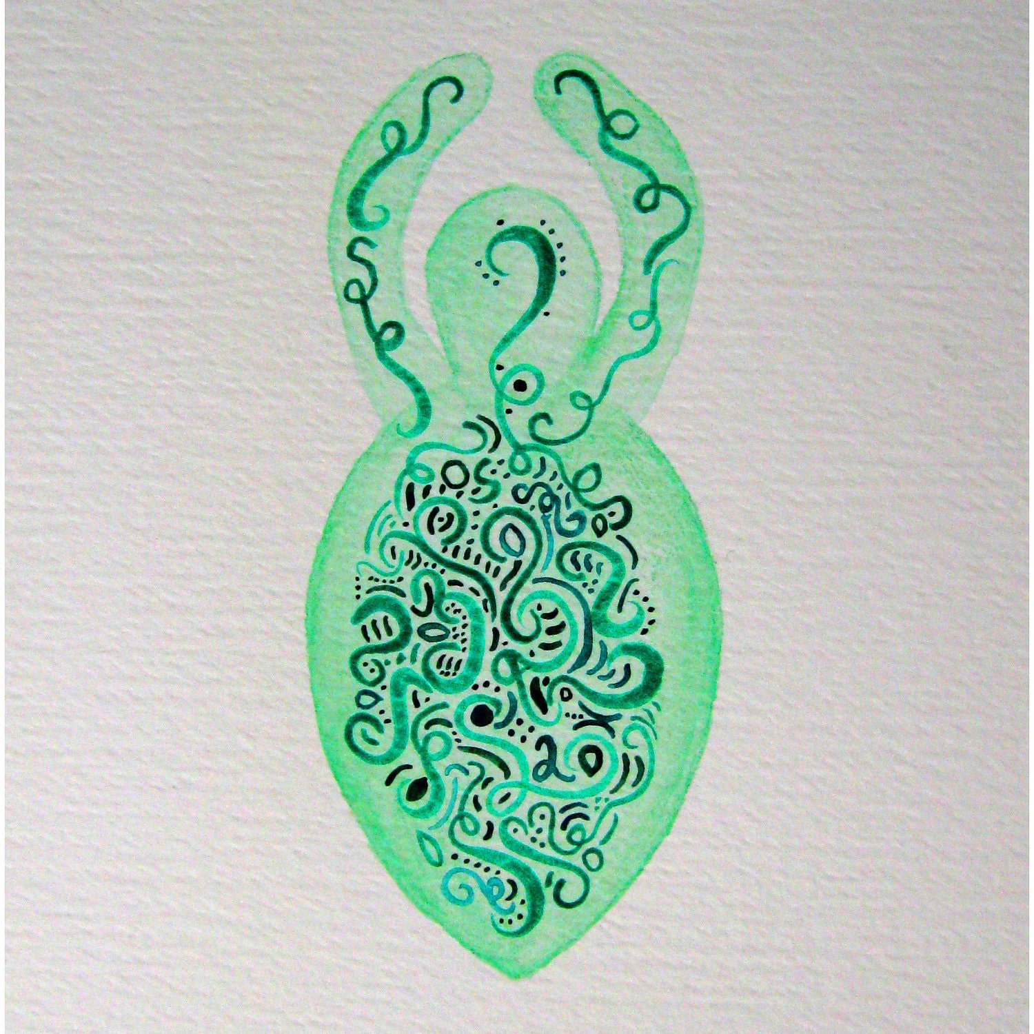 Goddess in Green with Swirls Curves & Dots Watercolour Painting - Free Shipping