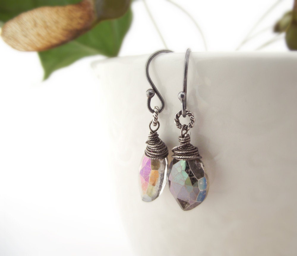 SALE - earrings - rainbow mystic smoky quartz, oxidized sterling silver