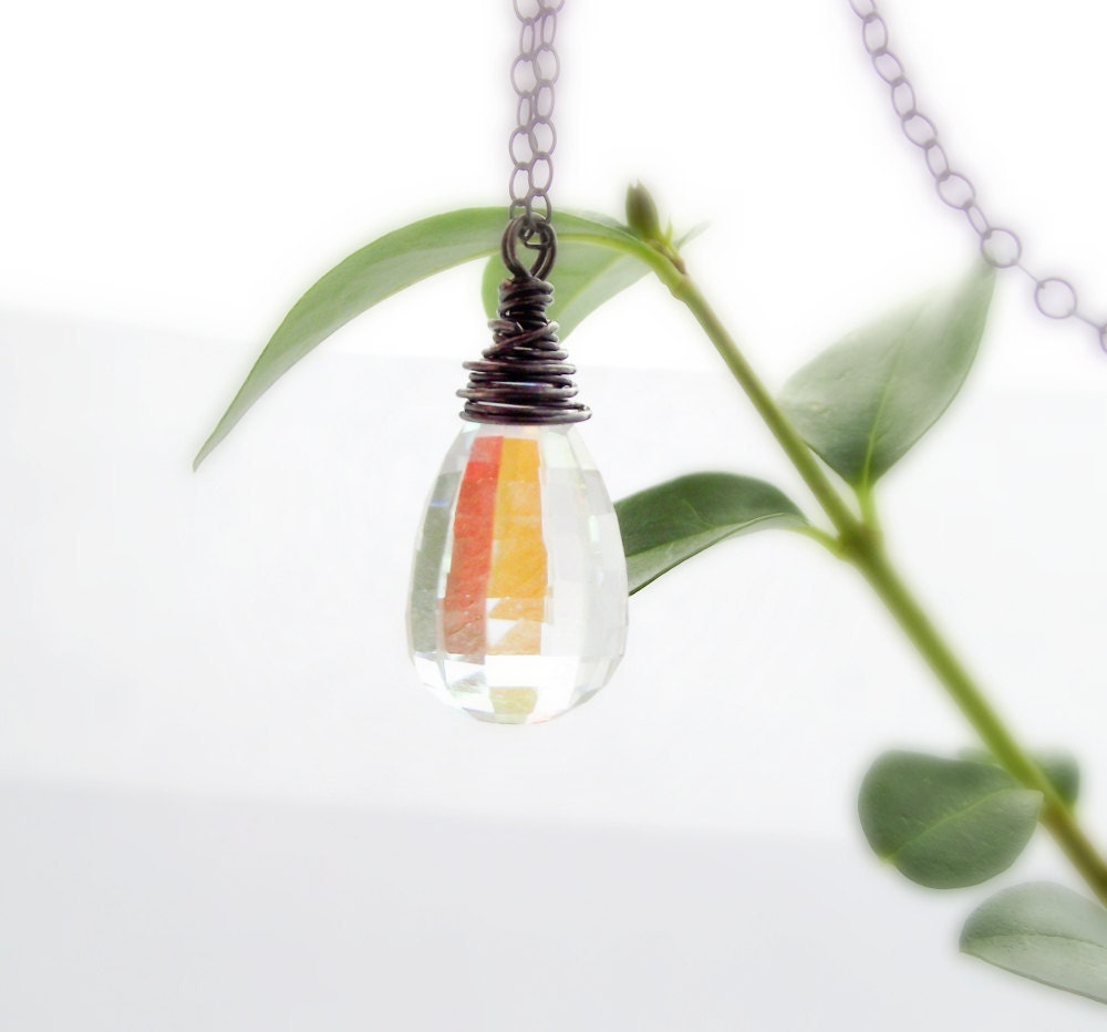 glowworm necklace - rainbow mystic crystal quartz, oxidized sterling silver