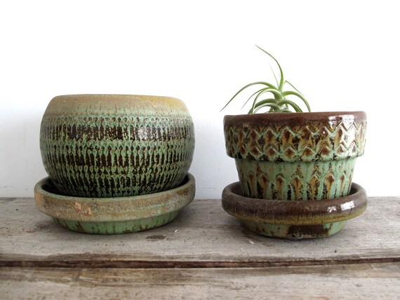 Vintage Ceramic Planters - Mid Century Planter, Green, Pottery, Gardening