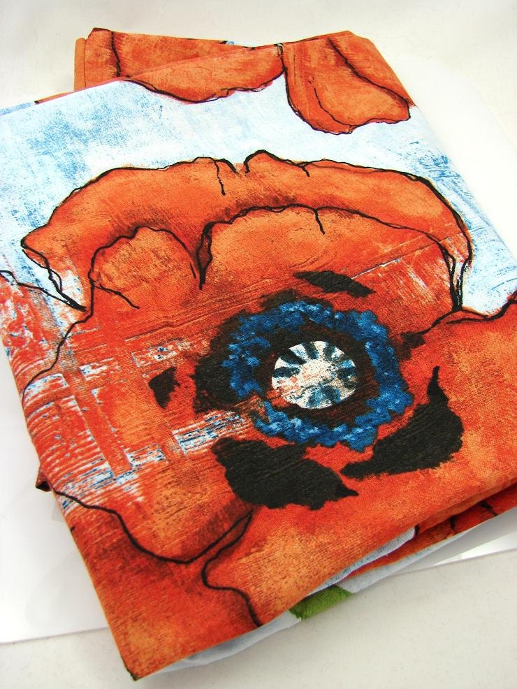 Free Shipping - Orange Poppy on Blue Fabric Infinity Scarf - OOAK - Exuberant Vibrant Out of Print Fabric - Valentine