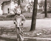 Rabbit Mask Art, Bunny Girl, Black and White Altered Vintage Photo, Mixed Media Collage Print