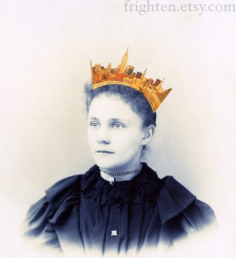 Gold and Blue Art, Queen of the City, Altered Antique Portrait, Mixed Media Collage Print