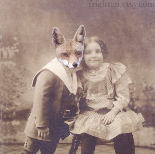 Fox Art Print, Mixed Media Collage Print, My Fox Boyfriend, 5x7 Altered Antique Photograph, frighten