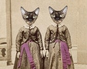 Twin Cat Art Print, Mixed Media Collage Print, Gabby and Abby, 8x10 Altered Antique Portrait of Twin Sisters, frighten